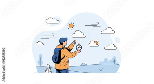 Adventurer with Compass Navigating Outdoors Under Sunny Sky with Clouds