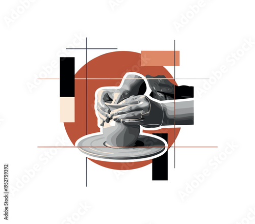 black and white artisan hands shaping clay on a pottery wheel as main object, retro photographic cut-out with white outline, bold terracotta circular backdrop