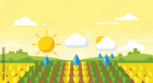Agricultural field with sun and rain, illustrating crop growth and weather cycle