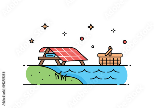 Lakeside picnic setting idea featuring a small blanket icon placed near the water edge with a simple basket silhouette. A cheerful and inviting badge