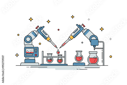 Laboratory robotics assisting medical research with automated pipettes and sample analysis, conveying efficiency, technology, and precision in experiments.