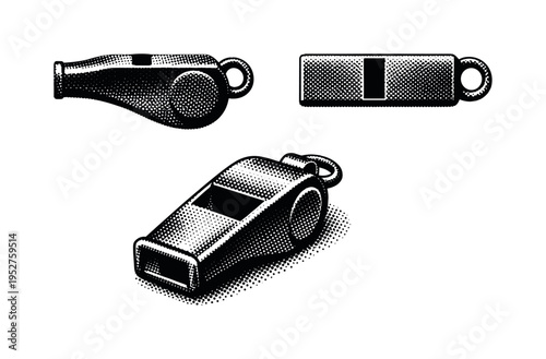 Emergency whistle A small plastic emergency whistle with lanyard loop and mouthpiece opening, shown in side view, top view, and angled perspective view to