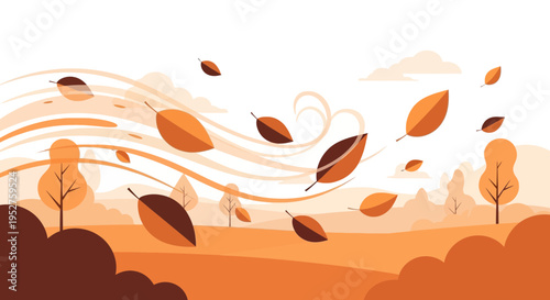 Autumn Wind Blowing Leaves in a Stylized Landscape
