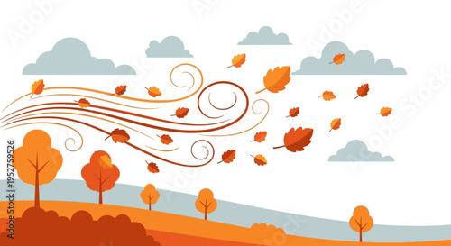 Autumn Wind Blowing Leaves and Trees on Hills, Seasonal Change