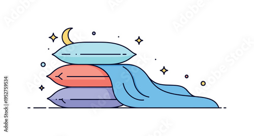 Nighttime rest concept with layered pillows and a flowing blanket edge creating a gentle wave shape. The scene reflects softness, quietness, and emotional