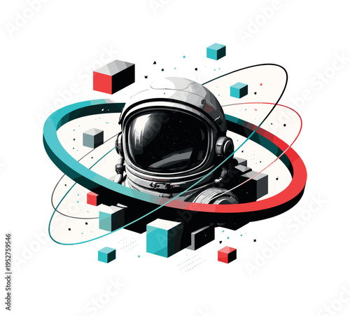 astronaut helmet placed inside a large geometric ring representing an orbital path, black and white cut-out object layered with floating blocks and lines in