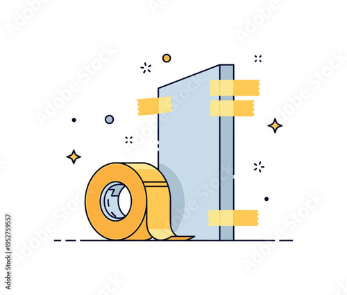 Painting preparation process featuring a roll of painter?s tape placed beside a wall corner with clearly defined taped borders, expressing neatness and