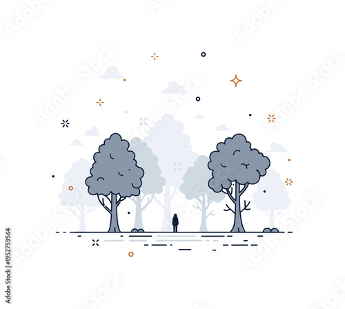 Misty forest atmosphere centered on overlapping tree silhouettes fading slightly into the background, conveying depth, mystery, and quiet solitude. A serene