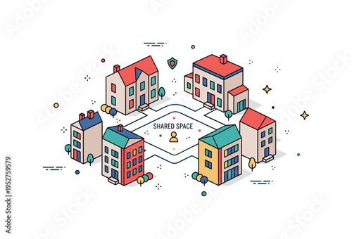 Community housing complex represented by several small residential buildings arranged around a central courtyard. Subtle decorative dots and a compact ?Shared