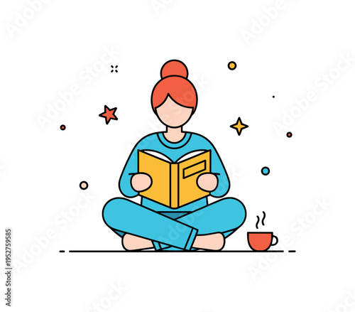 Person reading home relaxation concept featuring a simplified character sitting cross-legged with a book and a small cup beside them. A cozy and comforting