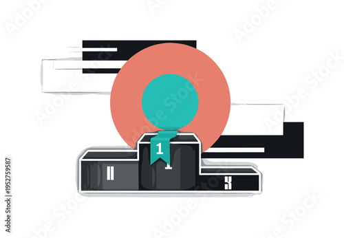 Black and white competition podium with first place ribbon placed on top step, bold flat circular sun-like shape behind symbolizing achievement, abstract