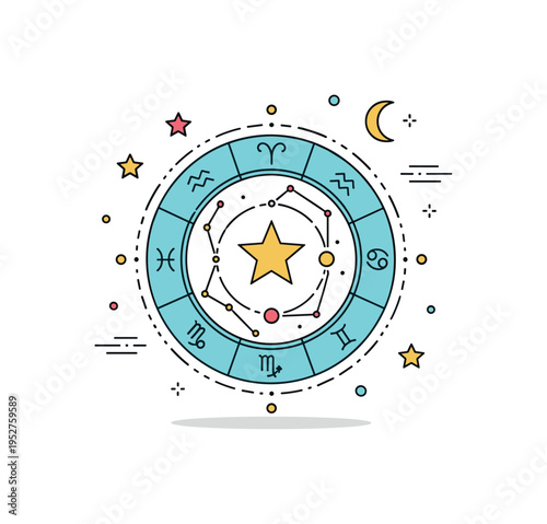 Astrology inspired cosmic symbol scene represented by zodiac style circle with central star and subtle constellation lines, expressing celestial guidance and