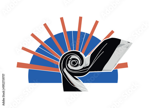 Black and white napkin twisted into spiral-like form, bold cobalt blue semicircle framing the twist, terracotta geometric bars radiating outward to echo folds,