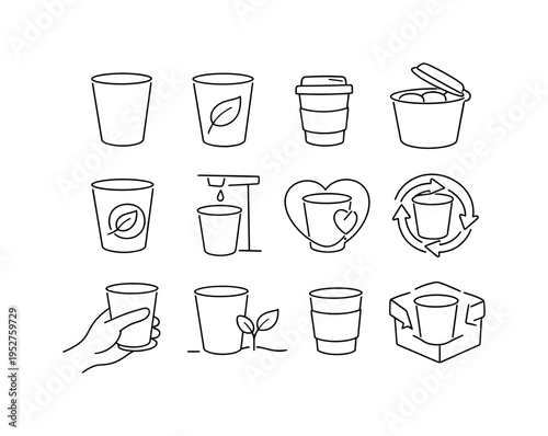 Eco Paper Cup Concepts. Minimalistic set one-line drawing biodegradable cup icon, leaf symbol on cup, reusable paper cup, compost bin with cup, kraft paper