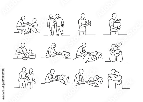 Family Helping During Recovery. Minimalistic set one-line drawing [person assisting another to stand up, caregiver supporting someone while walking, person