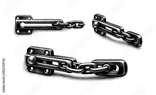 Security door chain lock presented as a single object in extended position, side view, and angled perspective highlighting chain links and sliding plate