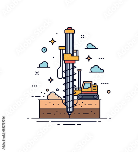 Industrial drilling machine concept built around a tall rotary drill rig penetrating layered ground sections, with small dust accents suggesting motion and