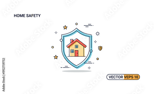 Home safety concept focused on a small house enclosed within a shield outline, conveying protection, comfort, and family security. A warm and reassuring badge