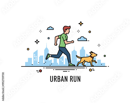 Fitness partnership badge featuring a person and dog running across a minimal city skyline silhouette. Tiny building shapes and a short ?Urban Run? caption