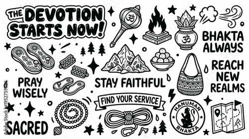 Indian Devotion and Spirituality Doodle Art Elements