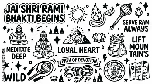Hinduism Symbols: Hanuman, Ram, Devotion, Meditation, Mountains
