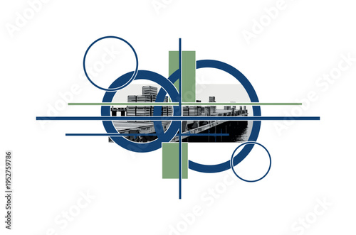 Black and white coastal dock scene with stacked crates, intersected by bold circular halos and geometric blocks symbolizing supply regulation, thin horizontal