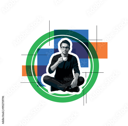 Black and white freelancer sitting cross-legged with coffee cup, bold green circular frame enclosing the figure, abstract blue and orange rectangles layered
