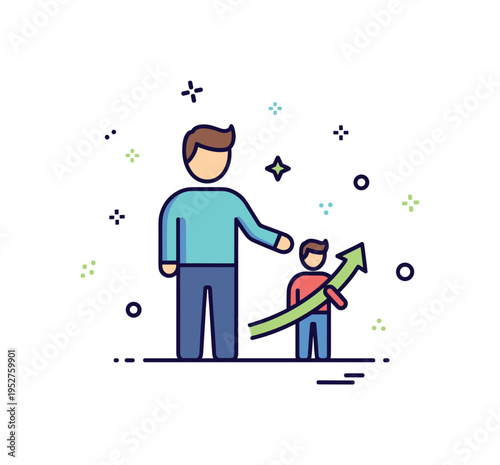 Volunteering and giving back mentorship support idea represented by a larger supportive figure guiding a smaller silhouette with a subtle upward arrow,