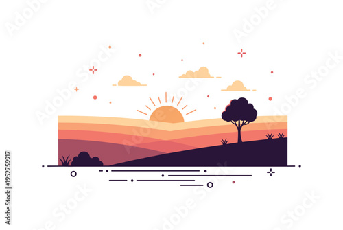 Sunset over farmland horizon illustrated by a low setting sun behind layered fields and a lone tree silhouette, expressing tranquility and end of day