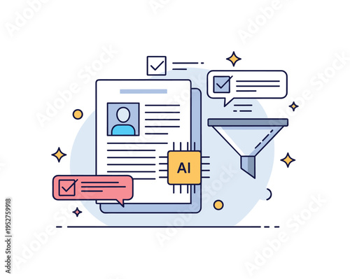 Automated resume screening featuring a clean CV document with a small AI chip symbol analyzing it, accompanied by floating checkmarks and filters to express