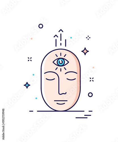 Third eye awakening and astral exploration illustrated through a calm face icon with a small radiant symbol above the forehead and subtle upward motion lines,