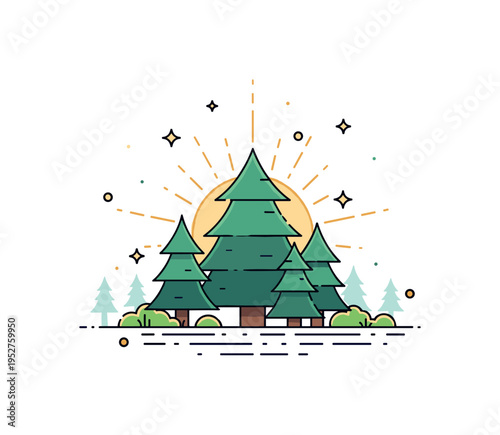 Morning light in forest clearing featuring layered pine trees with soft sun rays rising behind, conveying freshness, renewal, and peaceful wilderness