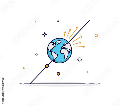 Earth axial tilt depicted as a small globe leaning along a diagonal line with sun rays touching one hemisphere more strongly. The compact visual explains