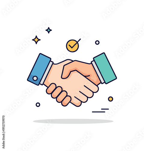 Victory handshake moment depicted through two hands clasped firmly with a small check mark accent, conveying partnership, agreement, and shared success. A