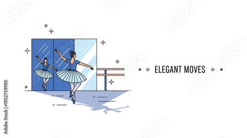 Evening ballet rehearsal scene with a dancer facing a mirrored wall, softly lit studio and gentle floor shadows. A subtle ?Elegant Moves? caption and minimal