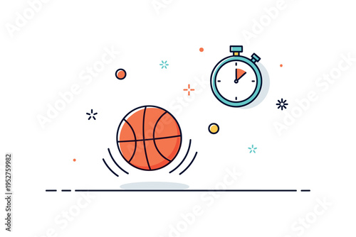 Basketball practice drill featuring a bouncing ball with minimal floor line and a subtle stopwatch icon nearby. The scene conveys endurance, rhythm, and