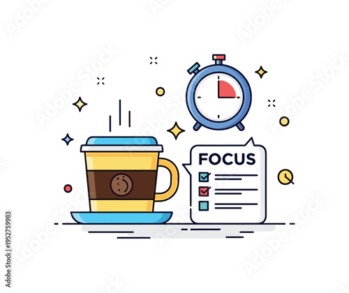 Focus enhancement routine showing a cup of coffee paired with a timer icon and minimal task list, expressing strategic stimulation and time blocking