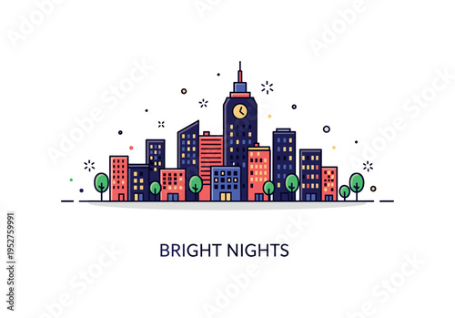 Illuminated city festive downtown badge showing compact building silhouettes accented by tiny light dots and subtle spark elements, representing celebration