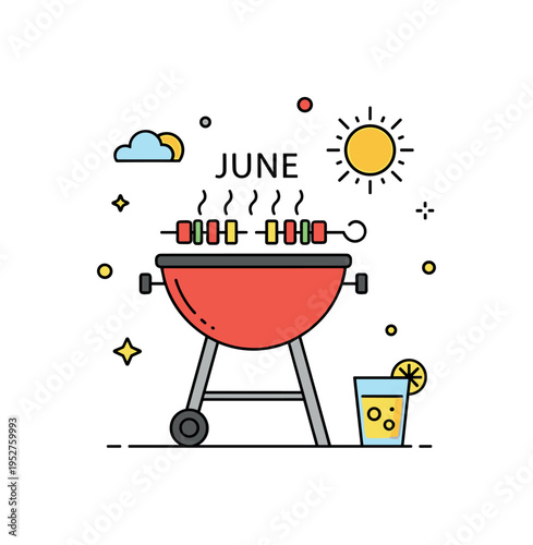 Backyard barbecue party featuring a grill with skewers and a small lemonade glass beside it, conveying friendship, sunny weather, and casual celebration. A