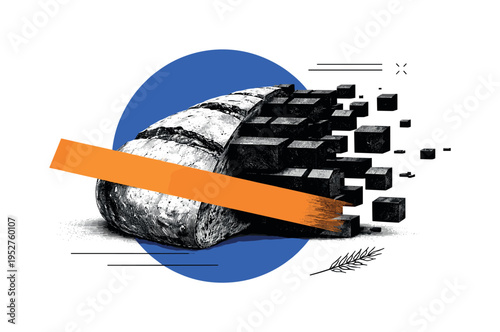 vintage monochrome bread loaf partially replaced with abstract black blocks, bold cobalt blue circle and orange geometric bar cutting across, minimal linear