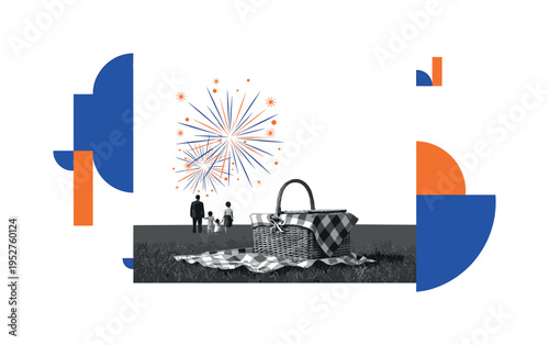 Monochrome vintage-style picnic basket and blanket in foreground as main object, small black and white family figures in the distance watching stylized