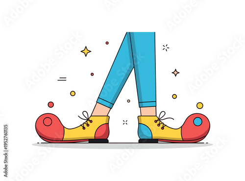 Circus performer clown shoes showing exaggerated curved soles with playful color blocking and simple lace detail, expressing movement and exaggerated