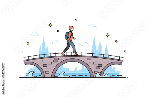 Tourist walking across old stone bridge shown with arched structure and distant spires in the background, symbolizing cultural exploration and iconic city