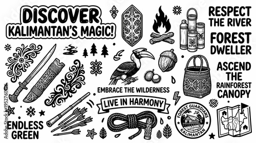 Kalimantan Borneo Indigenous Culture Exploration Hand Drawn Art