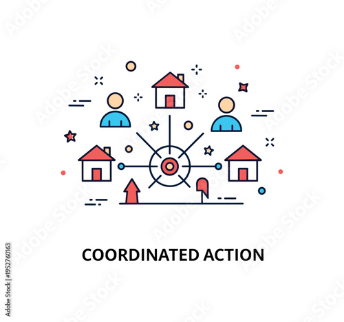 Community resilience crisis response coordination illustration with a small central hub icon connected by thin lines to surrounding house and person symbols,