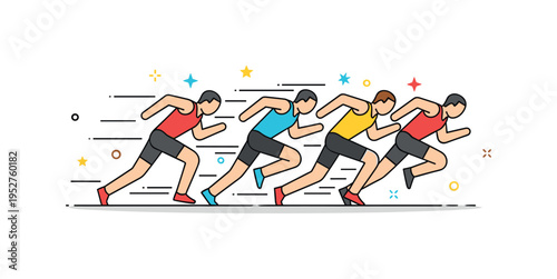 Competitive race start featuring multiple simplified runners bursting forward simultaneously expressing intensity and rivalry. Balanced composition and subtle