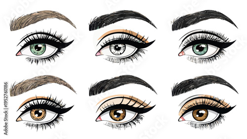 Vector makeup artist practice eyes with various eye makeup looks and eyebrow styles on white background for beauty and cosmetics design