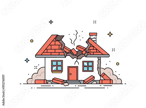 Collapsed roof house scene presenting a small home with its roof caved in and bricks scattered around, conveying property damage and recovery themes. Subtle