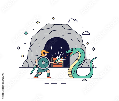 Clash at the treasure cave entrance showing a brave warrior facing a rising serpent near a simple cave arch and a sparkling chest inside, expressing risk,