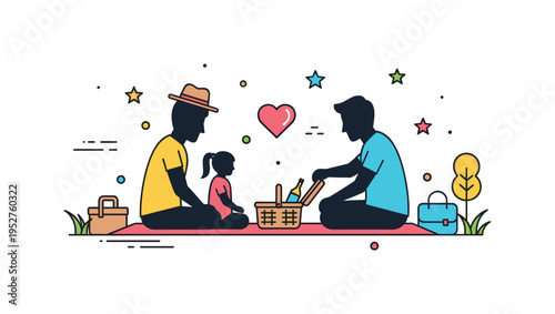 Countryside family time parents and child silhouettes sitting on a picnic blanket with a basket open between them. A heartfelt editorial badge about bonding,